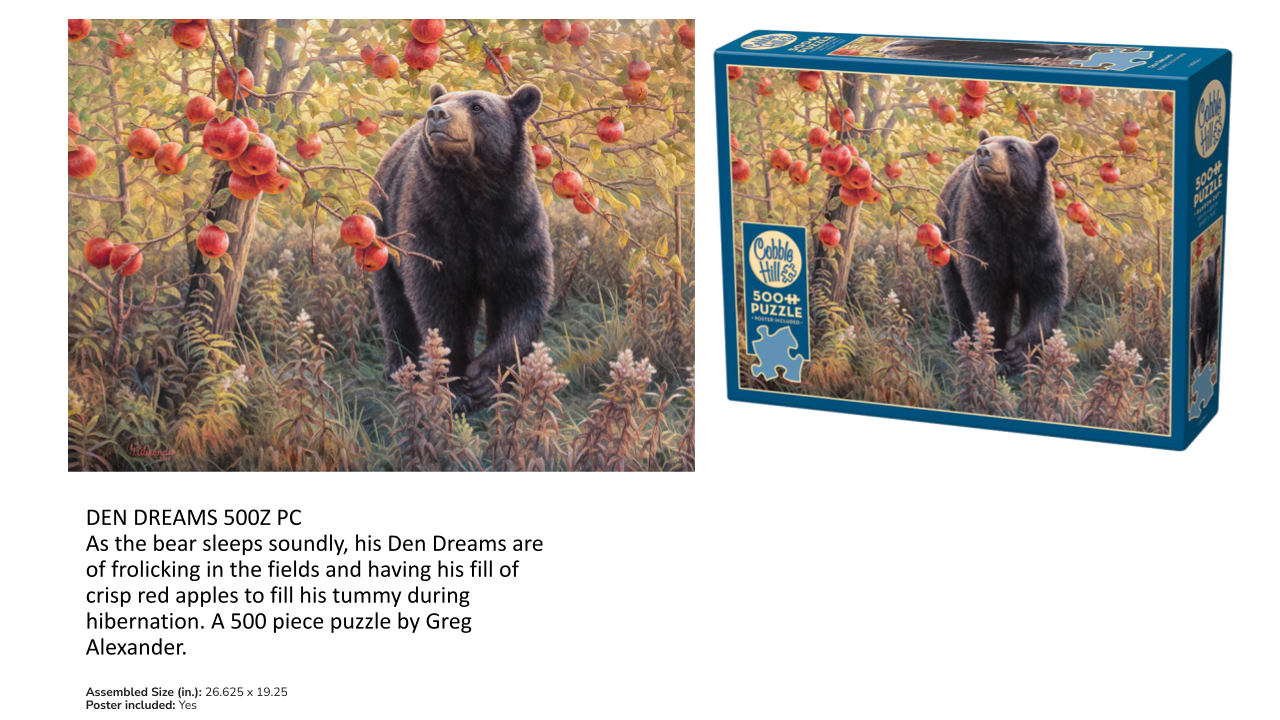 Jigsaw puzzle with bear and apple trees and its packaging.
