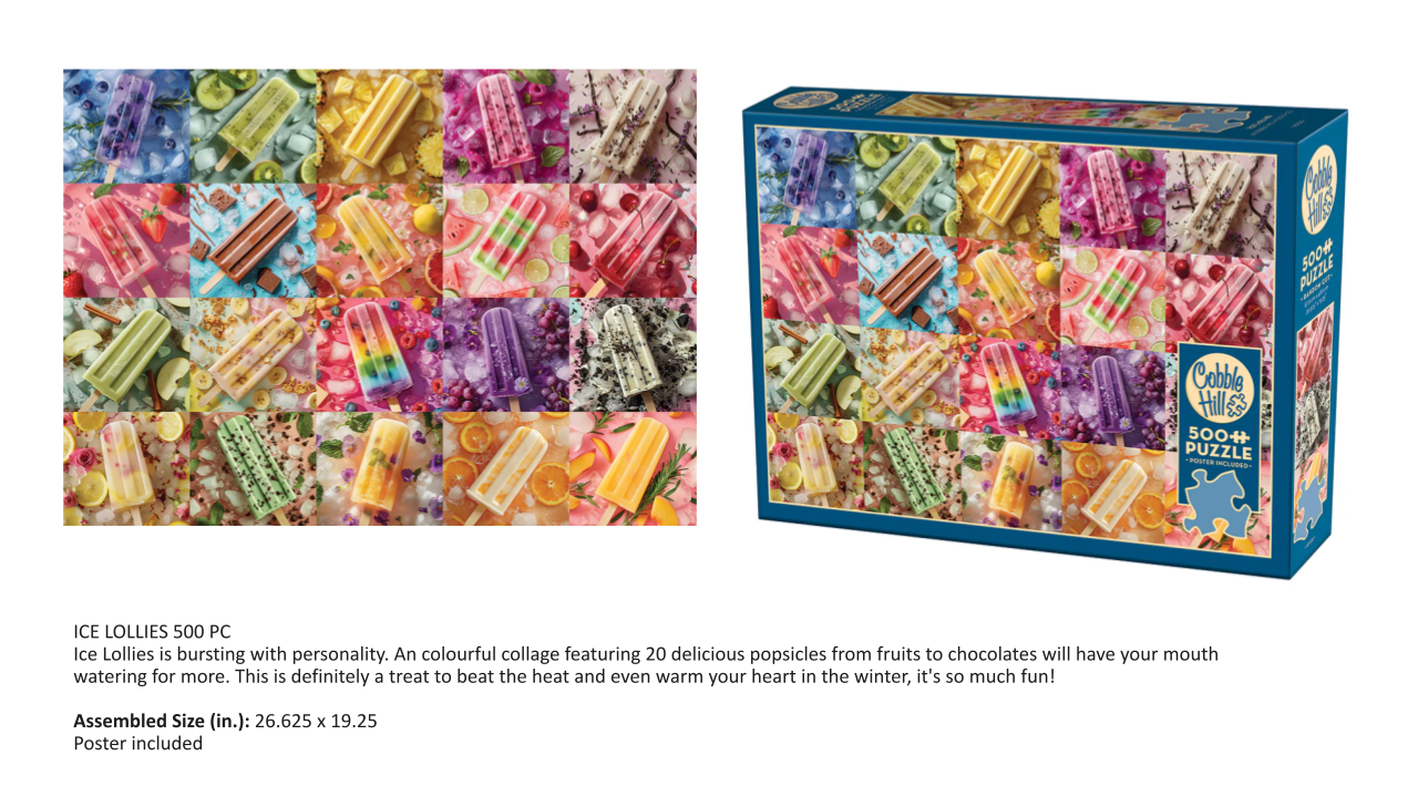 Jigsaw puzzle packaging with colorful ice lolly design and box on a white background