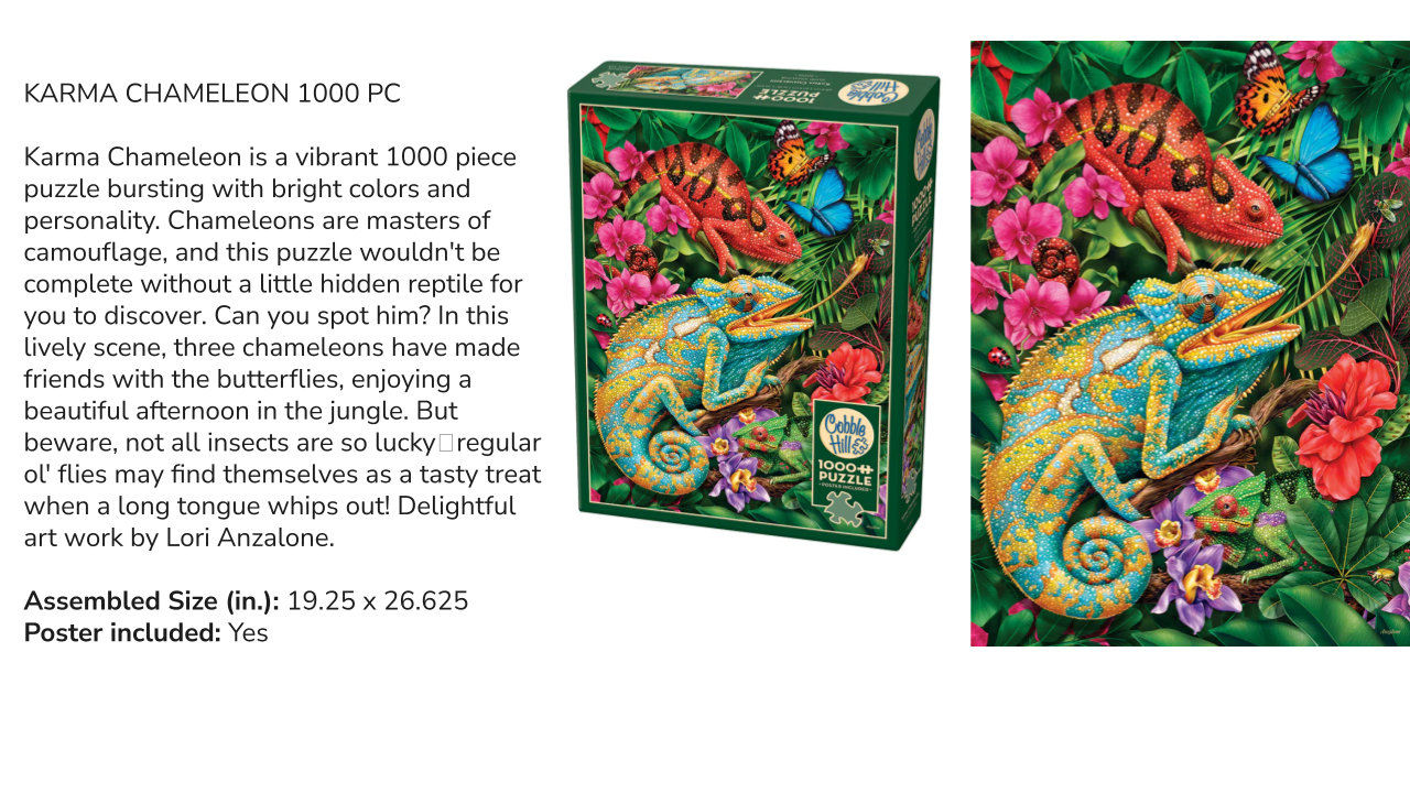 Karma Chameleon 1000 piece puzzle packaging with colorful chameleon illustration on a white background
