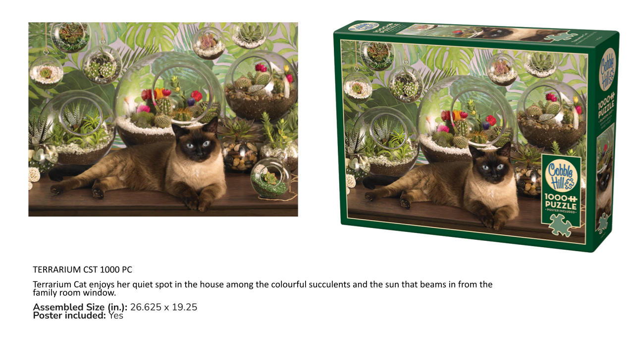 Terrarium-themed puzzle packaging with a cat and succulents, featuring a brand logo.