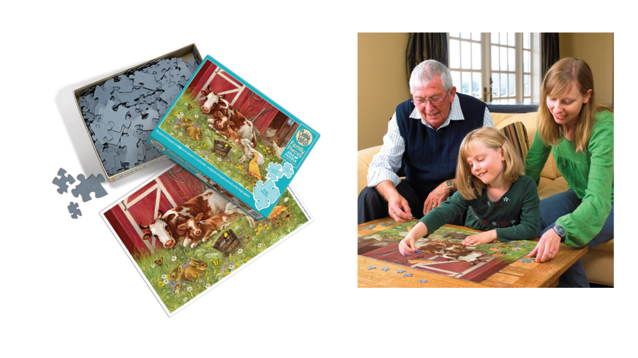 Farming-themed puzzle set with a family playing together.