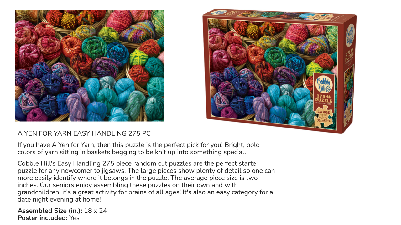 Colorful yarn balls and puzzle box with text description on a white background