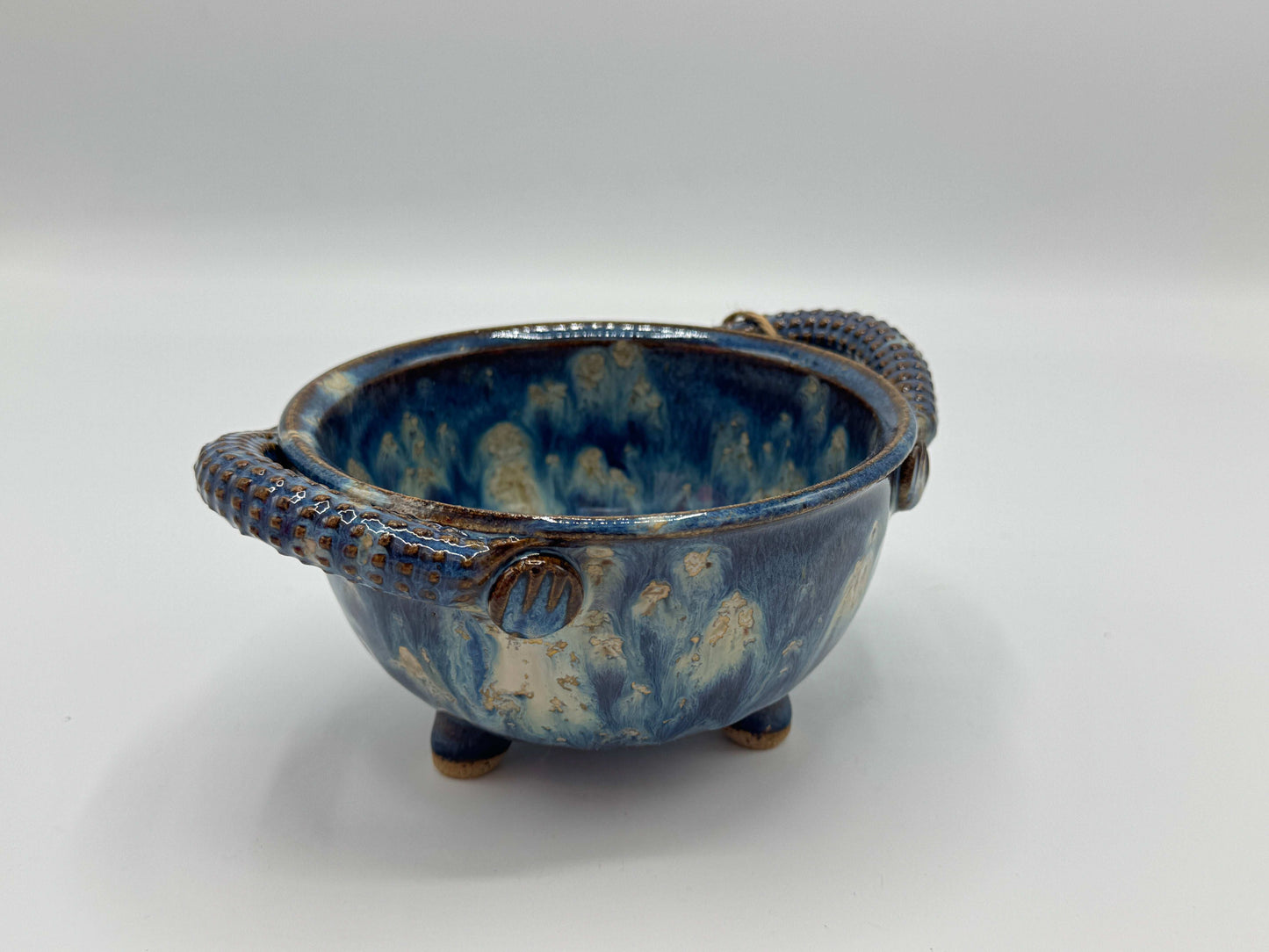 Blue & Cream Drip-Glaze Bowl with Handles – 5" | Handmade by Adeovart