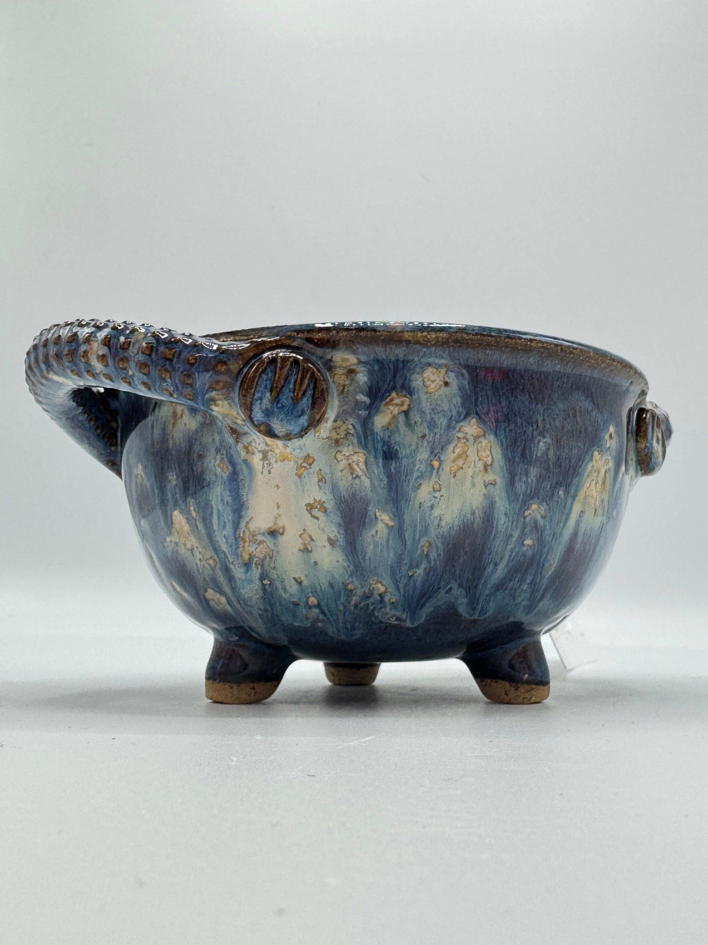 Blue & Cream Drip-Glaze Bowl with Handles – 5" | Handmade by Adeovart