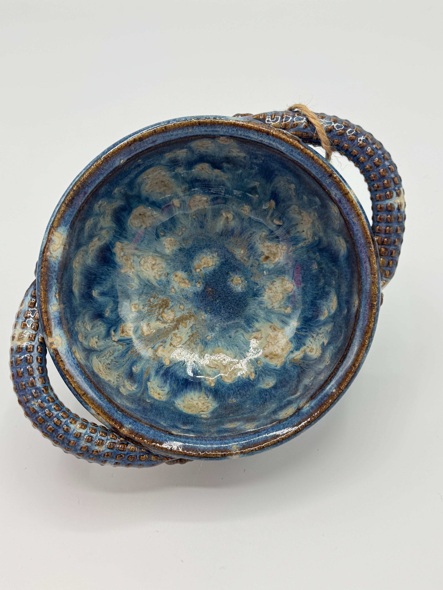 Blue & Cream Drip-Glaze Bowl with Handles – 5" | Handmade by Adeovart