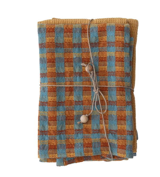 Cotton Waffle Weave Tea Towels w/ Jute & Wood Bead Tie,