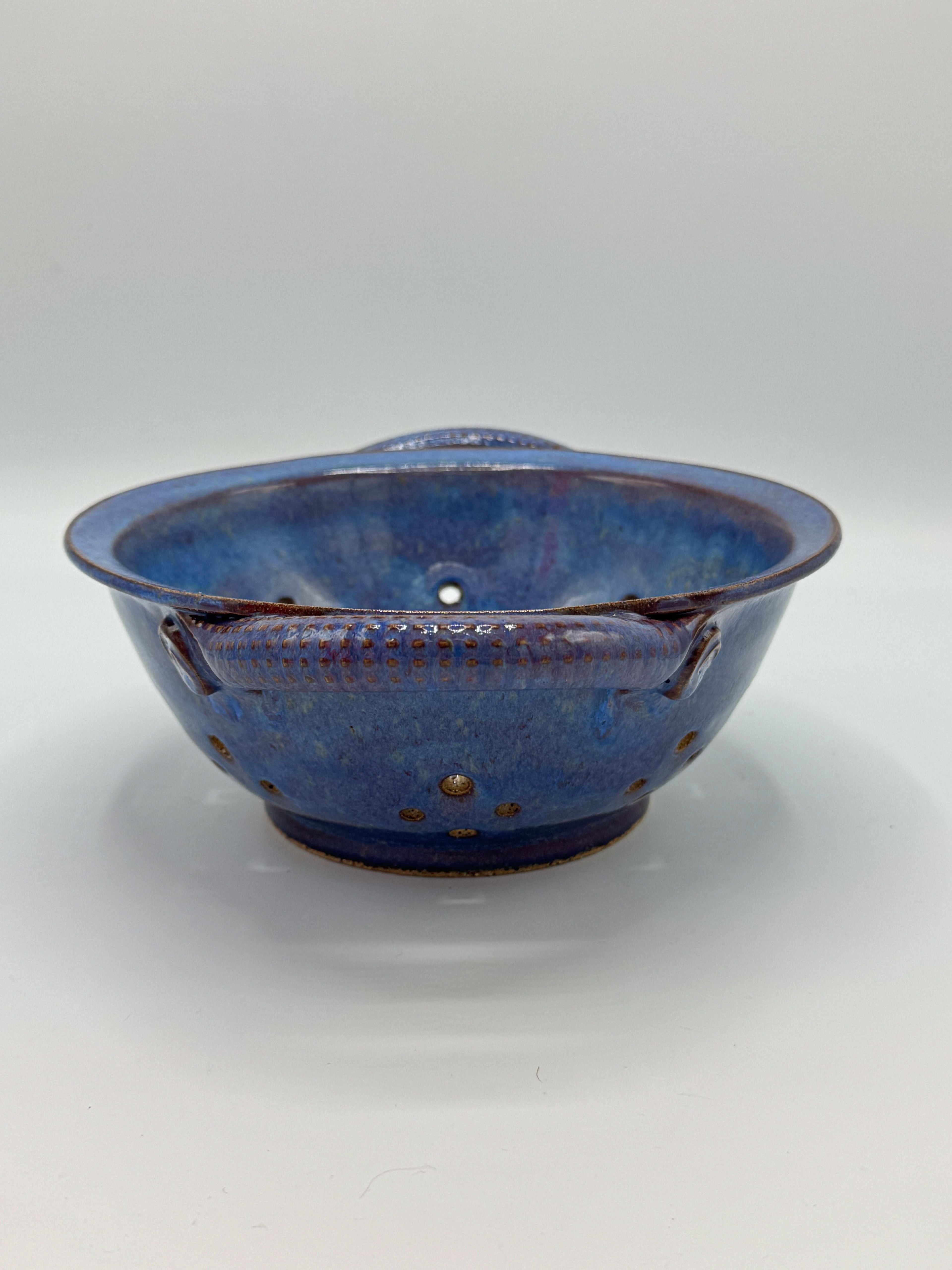 Large Blue Handmade Pottery Colander – 8" Diameter