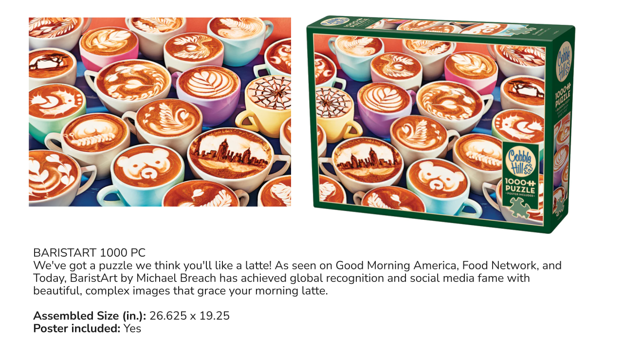 Jigsaw puzzle box with coffee-themed design and colorful latte art on a white background.