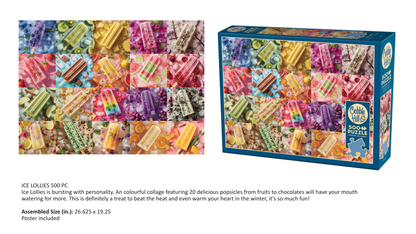 Jigsaw puzzle packaging with colorful ice lolly design and box on a white background