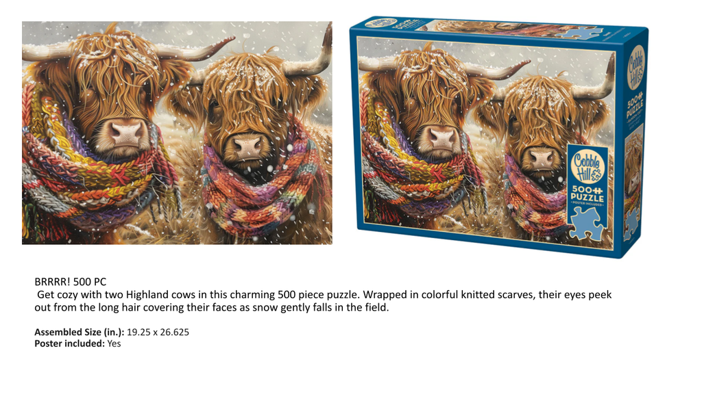 Jigsaw puzzle packaging with two Highland cows wearing colorful scarves and a box on a white background.