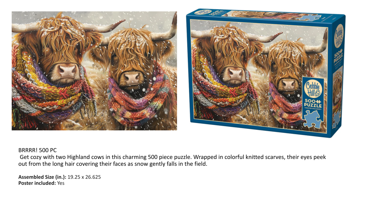 Jigsaw puzzle packaging with two Highland cows wearing colorful scarves and a box on a white background.