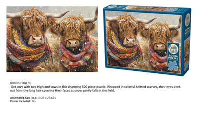 Jigsaw puzzle packaging with two Highland cows wearing colorful scarves and a box on a white background.