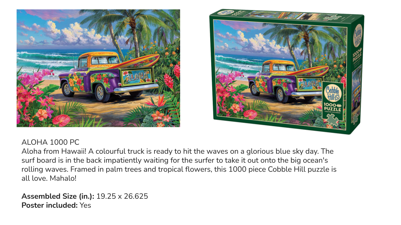 Hawaiian-themed puzzle with a truck and surfboard, featuring palm trees and flowers.