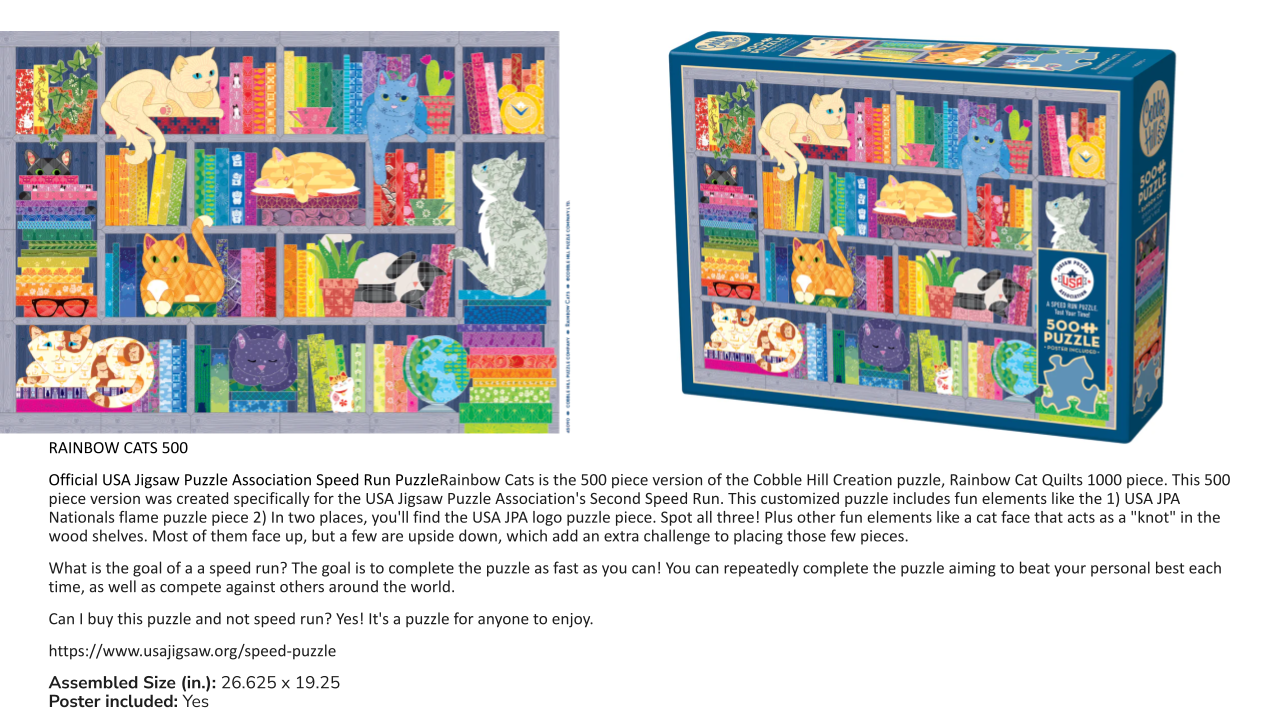 Jigsaw puzzle packaging with colorful illustrations of cats and books, and text about the puzzle.