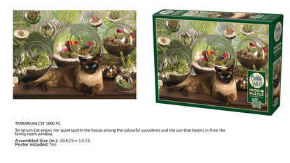 Terrarium-themed puzzle packaging with a cat and succulents, featuring a brand logo.