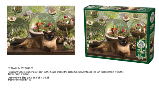 Terrarium-themed puzzle packaging with a cat and succulents, featuring a brand logo.