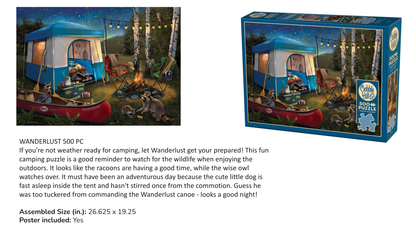 Camping-themed puzzle with packaging and description text.