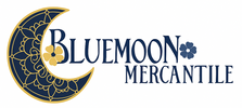 Logo of Bluemoon Mercantile with a decorative moon design on a white background