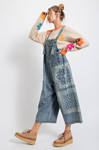 Easel Washed Denim Bandana Jumpsuit Blue - Blue Moon Vintage Mercantile