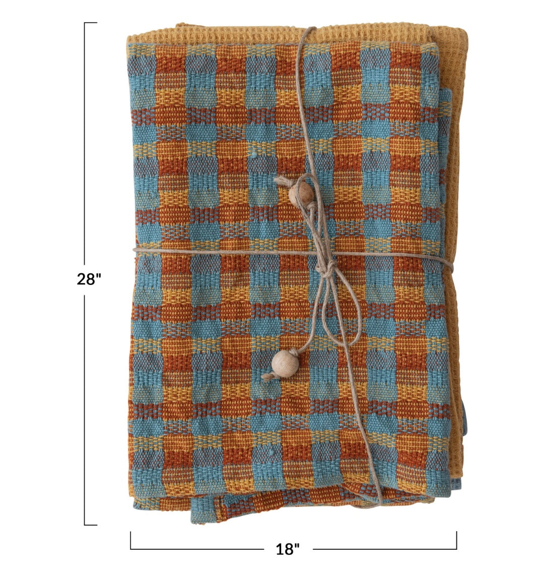 Cotton Waffle Weave Tea Towels w/ Jute & Wood Bead Tie,