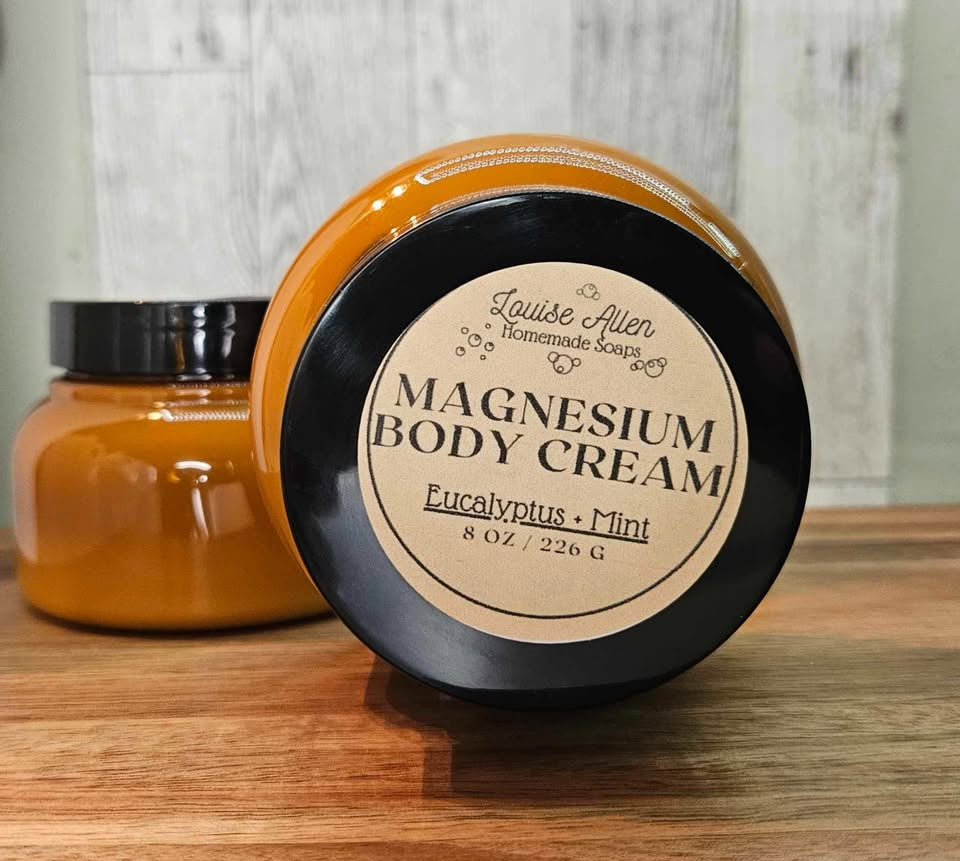 Jar of magnesium body cream with a visible brand label on a wooden surface.