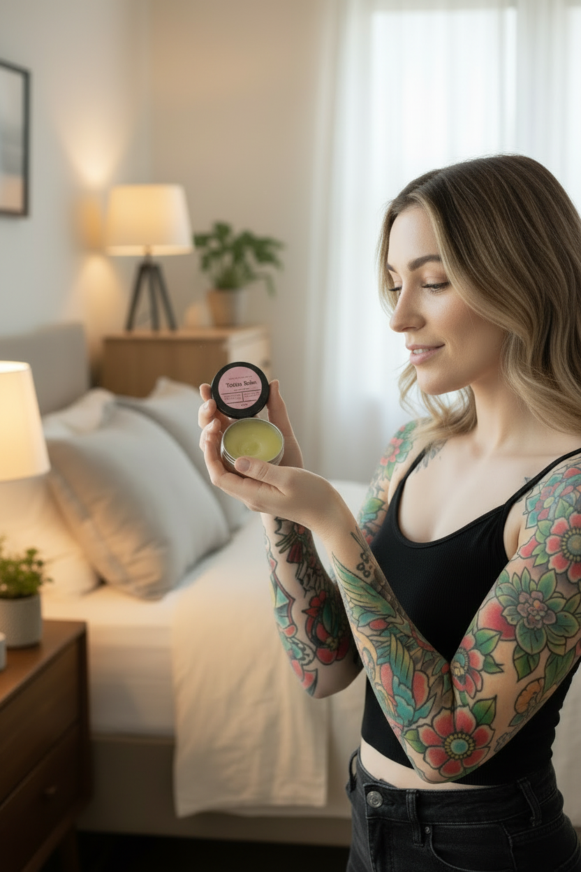 Girl with beautiful arm tattoo holding Tattoo balm
