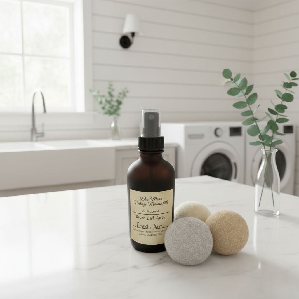Laundry room with Dryer Ball Spray and dryer balls sitting on a counter
