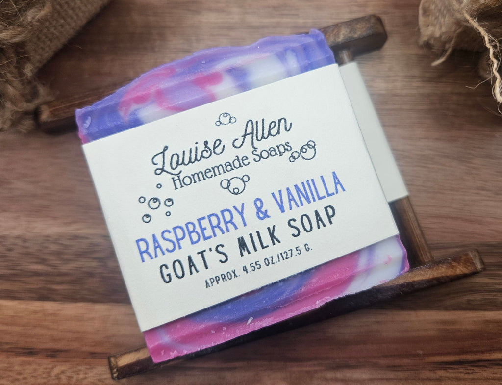 Bar of soap with a label on a wooden surface