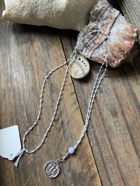 Blue Lace Agate Mala with Lotus Pendant