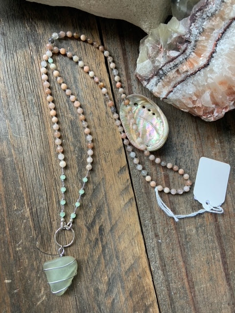 Peach Moonstone Mala with Sea Glass Pendant